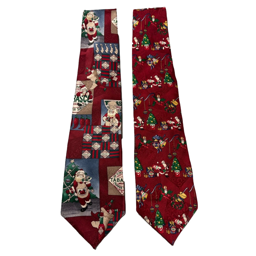 Tabasco 100% Silk Christmas Novelty Necktie Set Santa Holiday Ties Pair